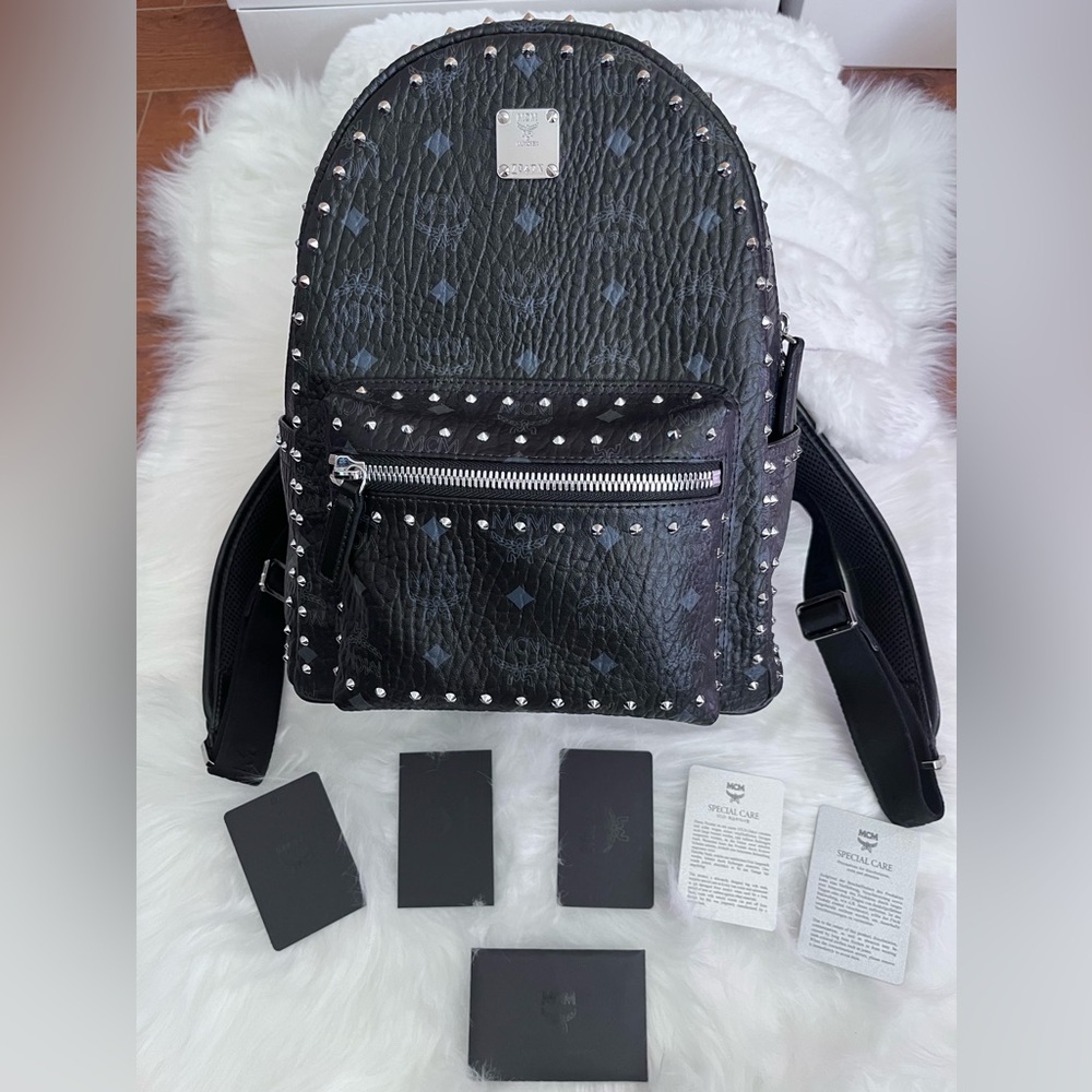 MCM Black Leather Studded Women’s Backpack with Monogram Print